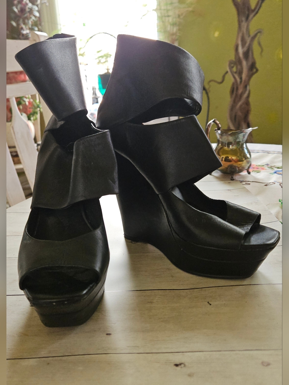 Women's Black Wedge Sandals with Ruffled Ankle Strap - Jessica Simpson